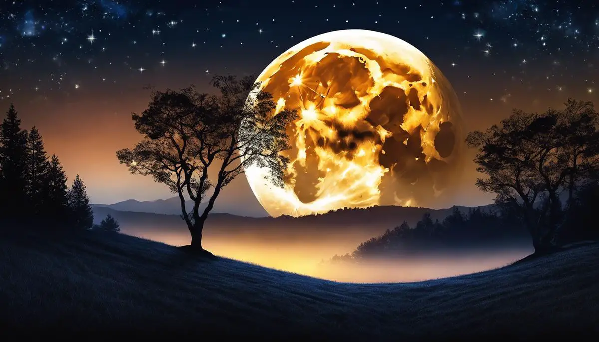 Image of a beautiful night sky featuring the glowing Hunter's Moon against a backdrop of stars and silhouetted trees.