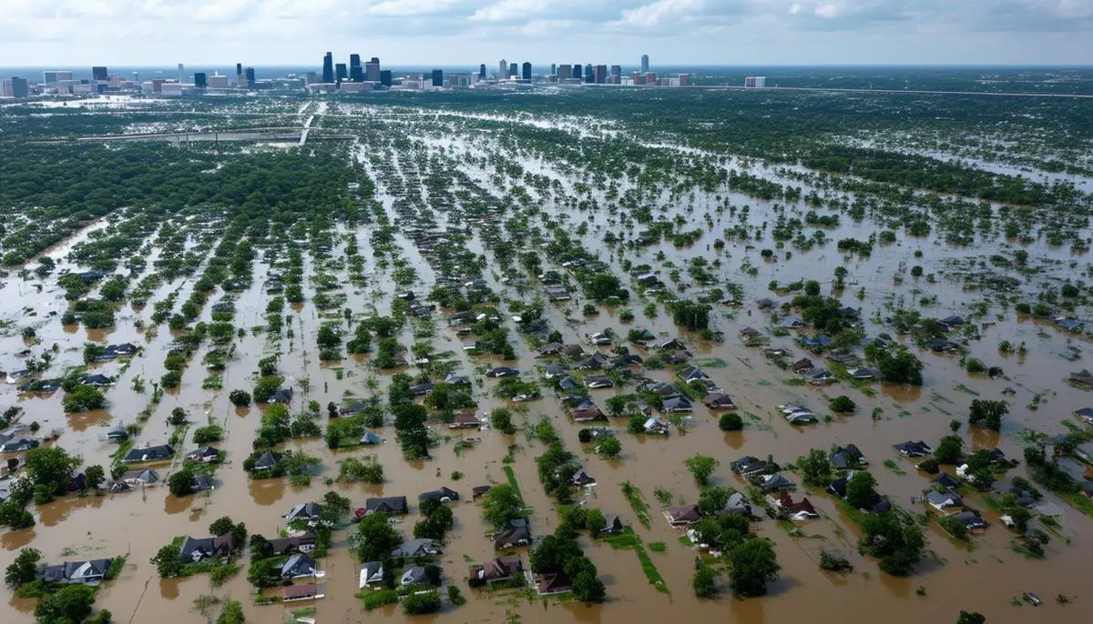 Aerial view of extensive flooding in Houston caused by Hurricane Harvey, showing submerged neighborhoods and roads