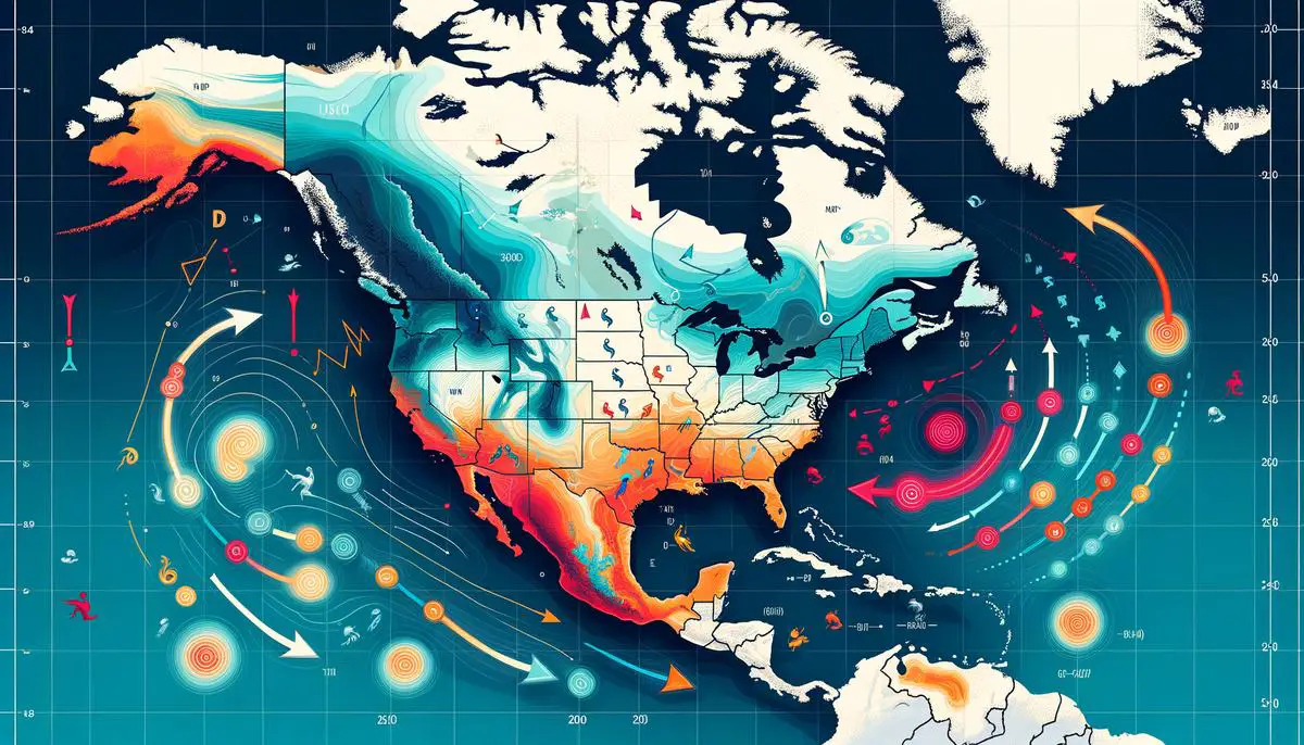 Map showing changes in hurricane patterns, including northward shift and increased frequency of intense storms