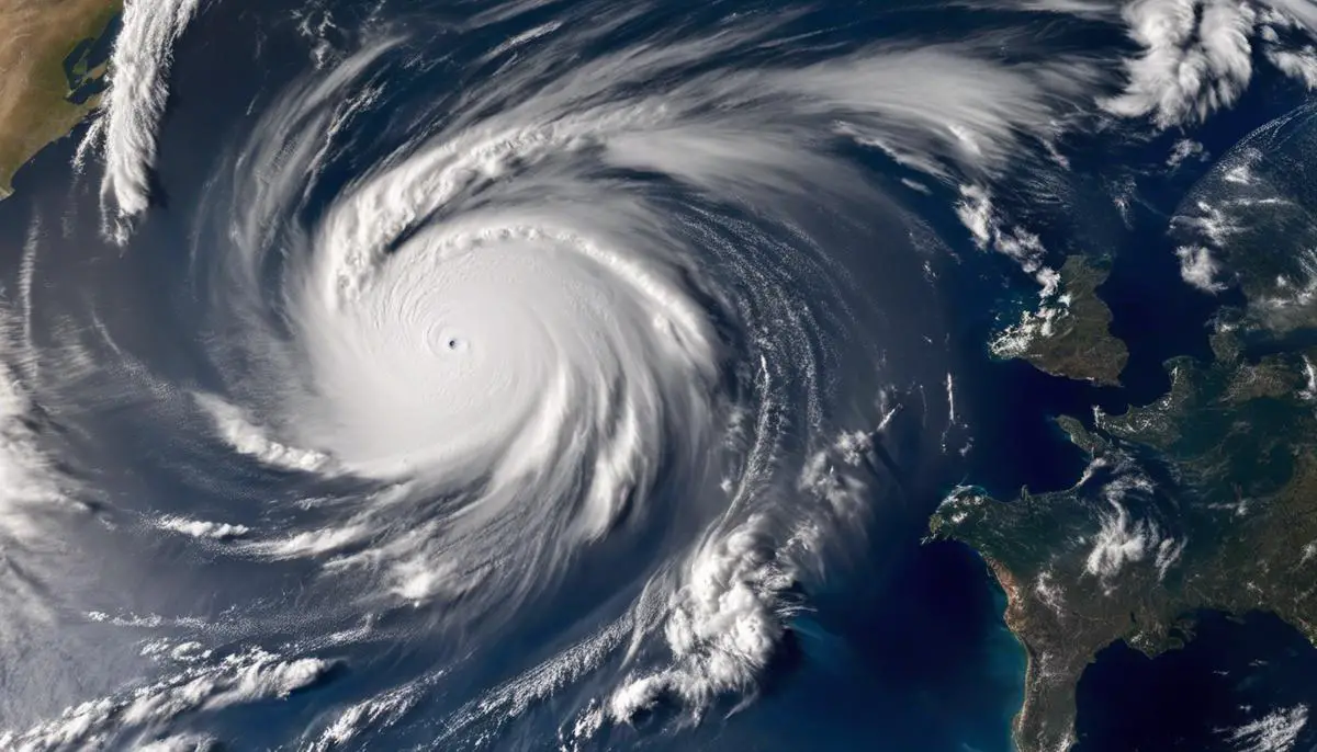 A satellite image of hurricanes viewed from space, showing their spiral shape and vastness.