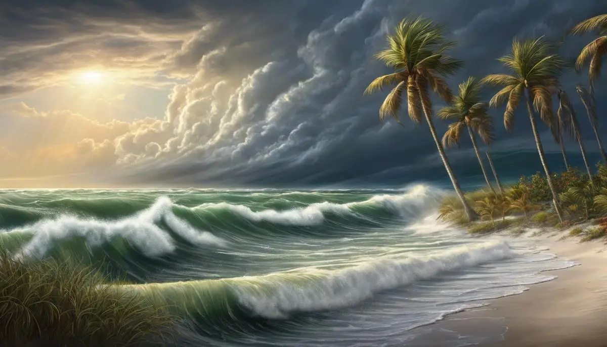 Image description: Illustration of a hurricane approaching Florida coastline