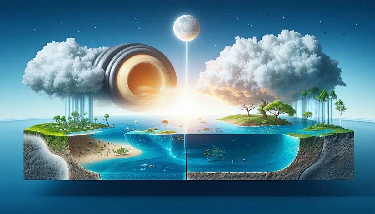 Cross-section illustration of a Hycean world showing a hydrogen-rich atmosphere above a vast ocean