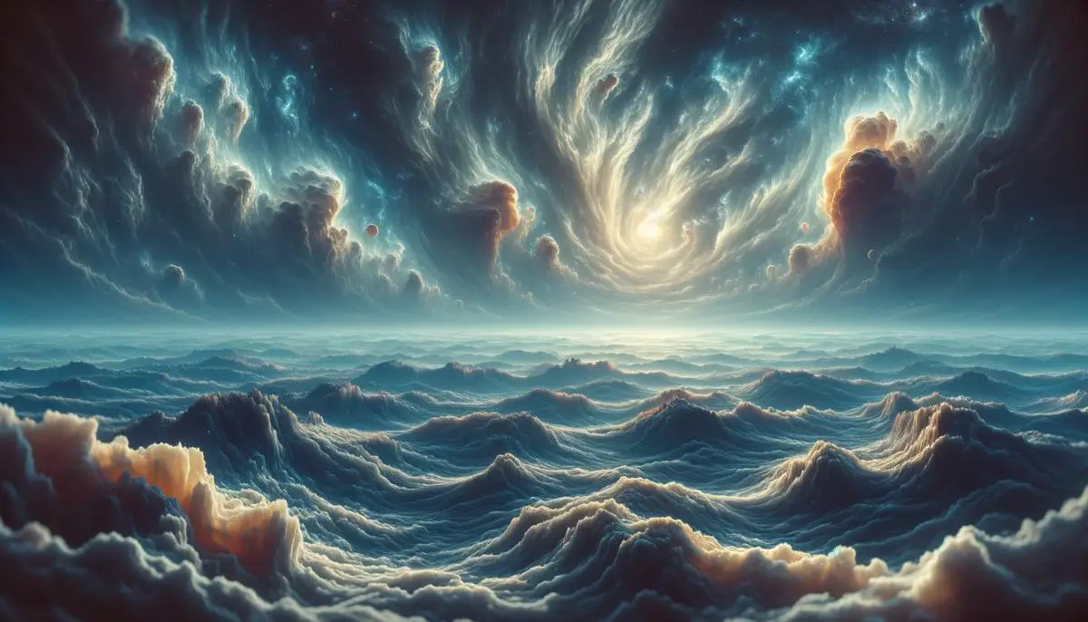 Artistic representation of the surface of a Hycean world, showing a vast ocean under a thick hydrogen atmosphere