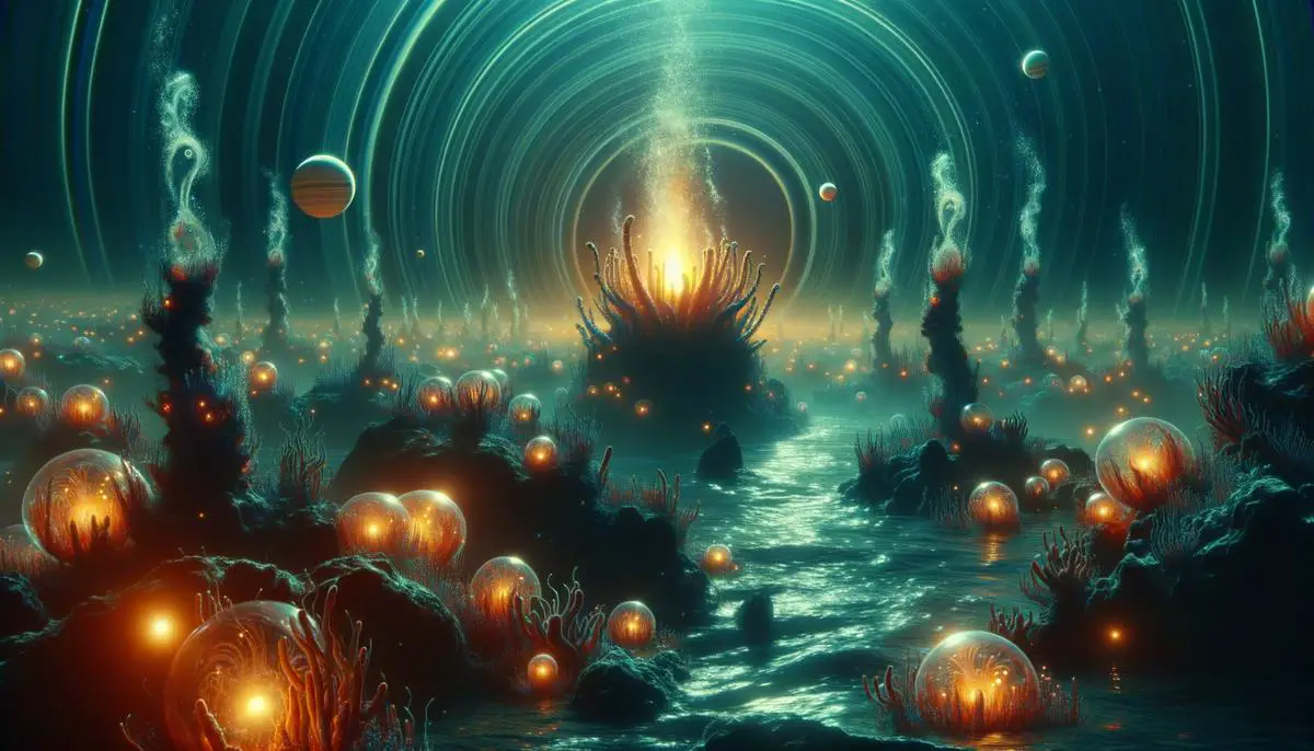 A depiction of alien life forms around a deep-sea hydrothermal vent on a water world