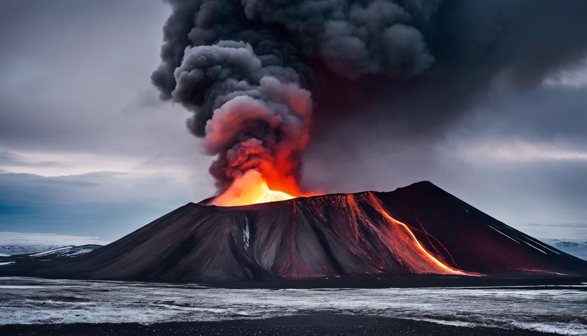 A panoramic image of a volcano in Iceland with smoke rising from its crater, showcasing the raw power of nature.