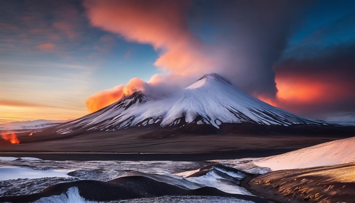 A breathtaking view of Icelandic volcanoes with contrasting snowy peaks and fiery basalt, showing the unique beauty of the land of fire and ice.