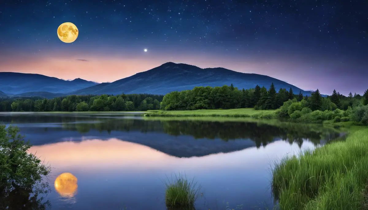 A peaceful night sky with a bright full moon shining over a serene landscape.