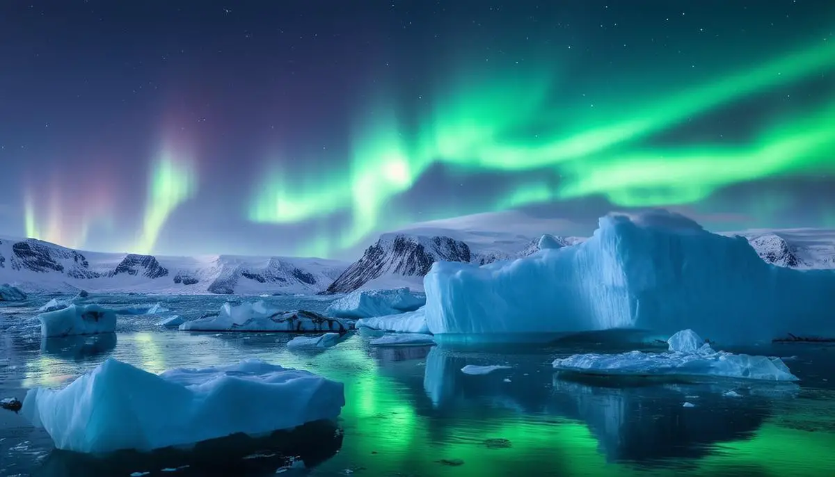 Northern lights over icebergs in the Ilulissat Icefjord, Greenland