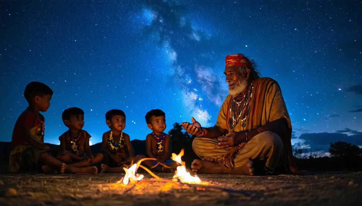 An indigenous elder sharing star knowledge with youth under a starry sky