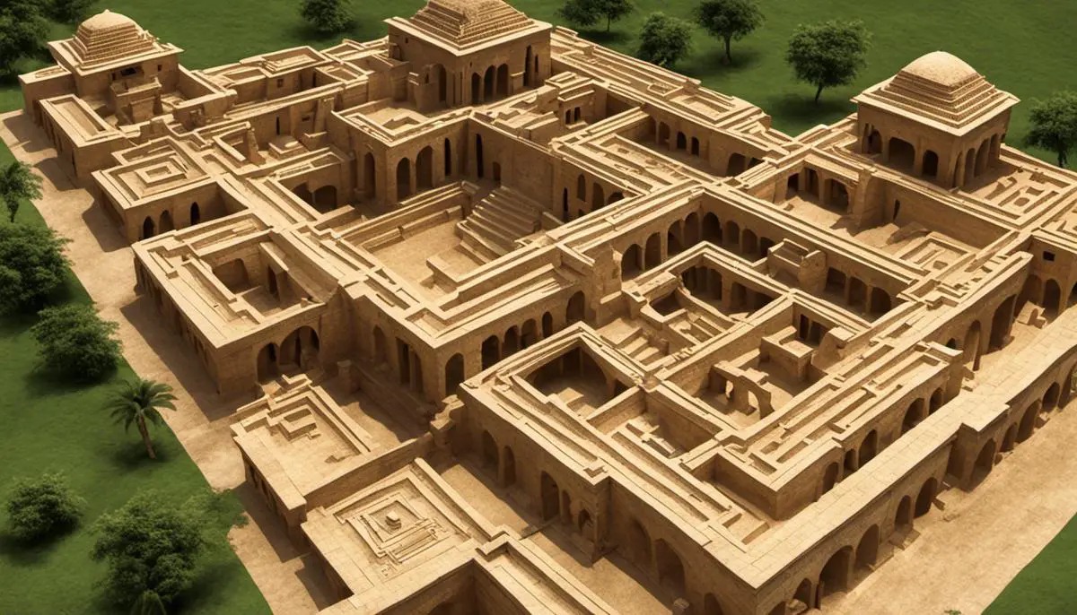Image of mathematical innovations in the Indus Valley Civilization, depicting advanced architectural planning and geometric layouts.
