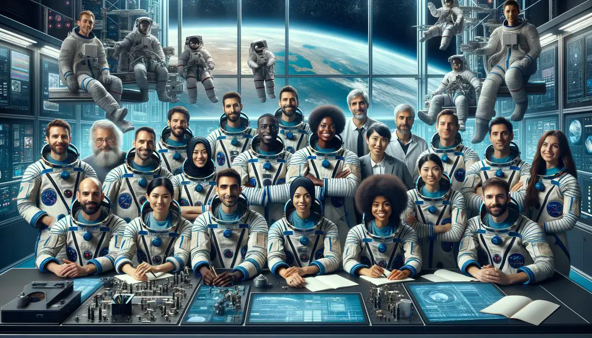 Diverse group of astronauts and scientists from various countries collaborating in a futuristic space station laboratory