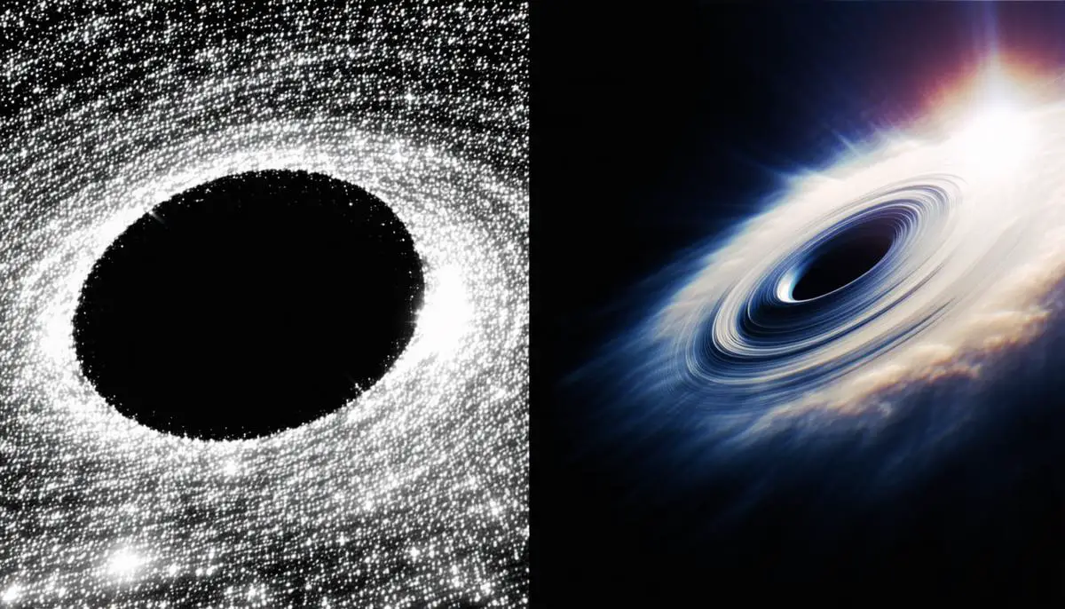 Side-by-side comparison of a preliminary visual effects render and the final scientifically accurate black hole image from Interstellar