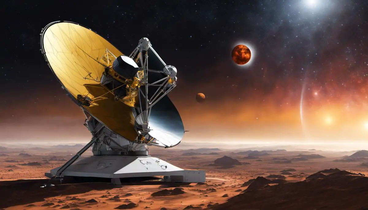 Illustration of James Webb Space Telescope observing distant exoplanets.