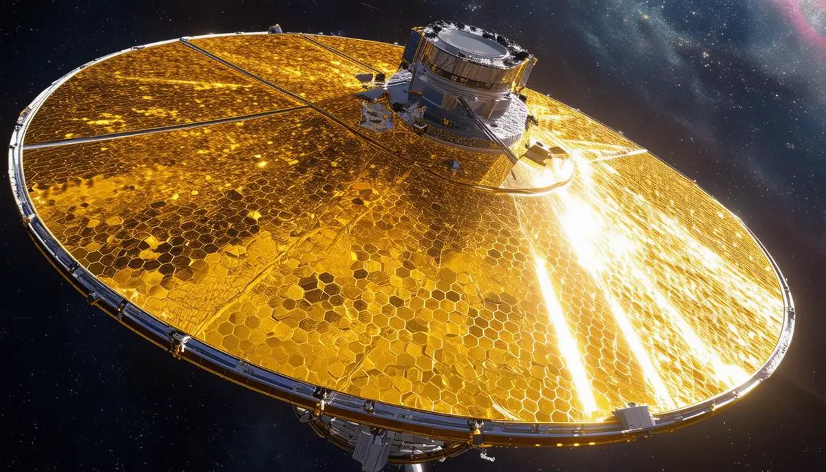 The James Webb Space Telescope, with its golden hexagonal mirror segments and expansive sunshield, unfolding in space, showcasing the incredible engineering and design that went into its creation.