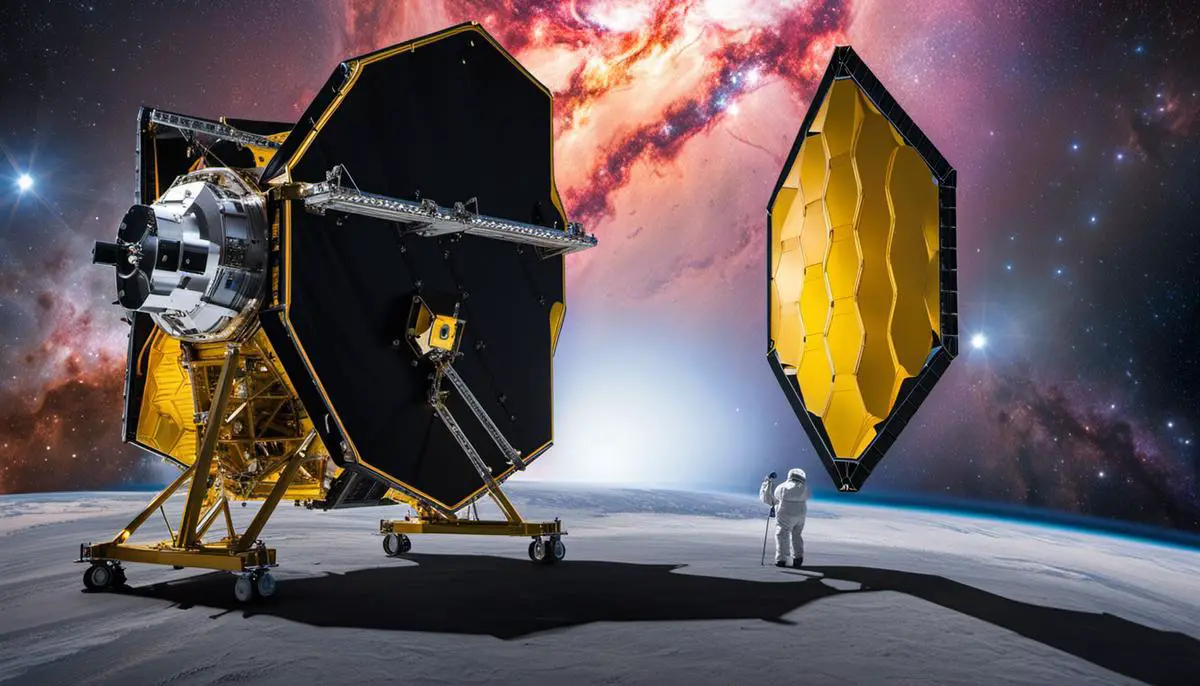 Image of the James Webb Space Telescope, a large infrared telescope positioned in space, used for the study of celestial bodies and exploration beyond Earth.