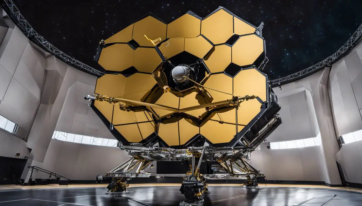 An image of the James Webb Space Telescope in space, showcasing its immense size and advanced technology.