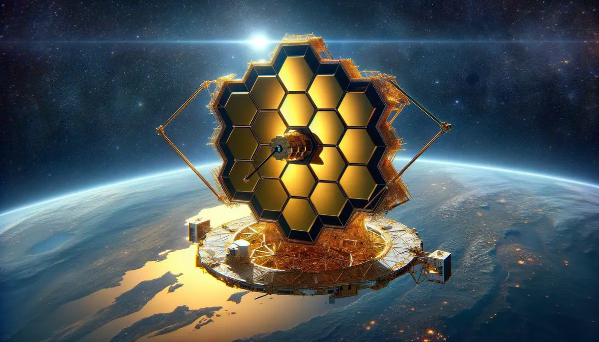 The James Webb Space Telescope in orbit around Earth, with its golden mirror array fully deployed