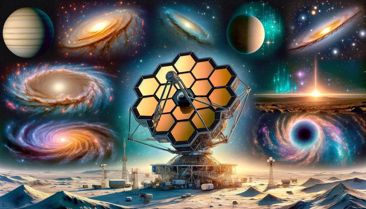 A montage of significant discoveries made by the James Webb Space Telescope, including the atmosphere of 55 Cancri e, aurorae on Uranus and Saturn, the starburst galaxy Messier 82, and the protoplanetary disk around the young star T Cha.