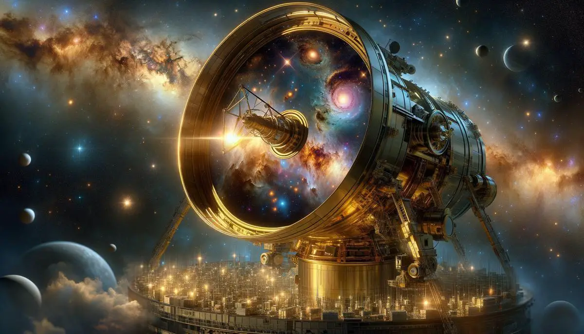 An artist's conception of the James Webb Space Telescope observing distant galaxies in space