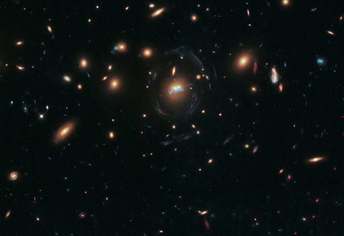 The James Webb Space Telescope observing a distant galaxy cluster, with visible gravitational lensing effects enhancing the view of early galaxies