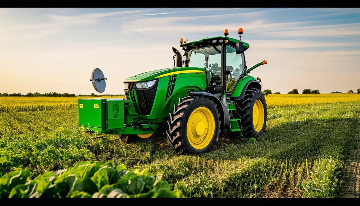 A John Deere tractor in a field equipped with a Starlink satellite terminal