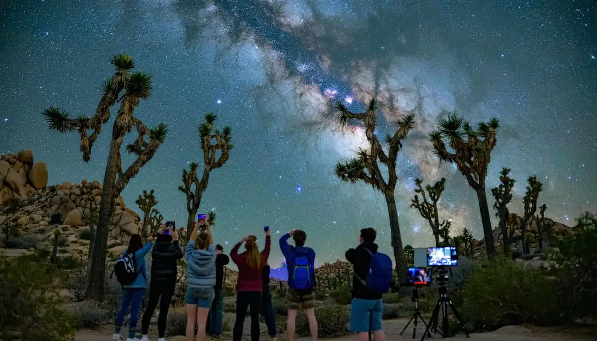 Group of stargazers at Joshua Tree National Park's Night Sky Festival, observing the Milky Way above iconic Joshua Trees