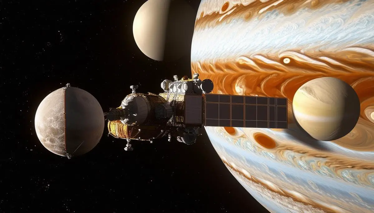 Artist's rendition of the Juno spacecraft observing Jupiter and its moons