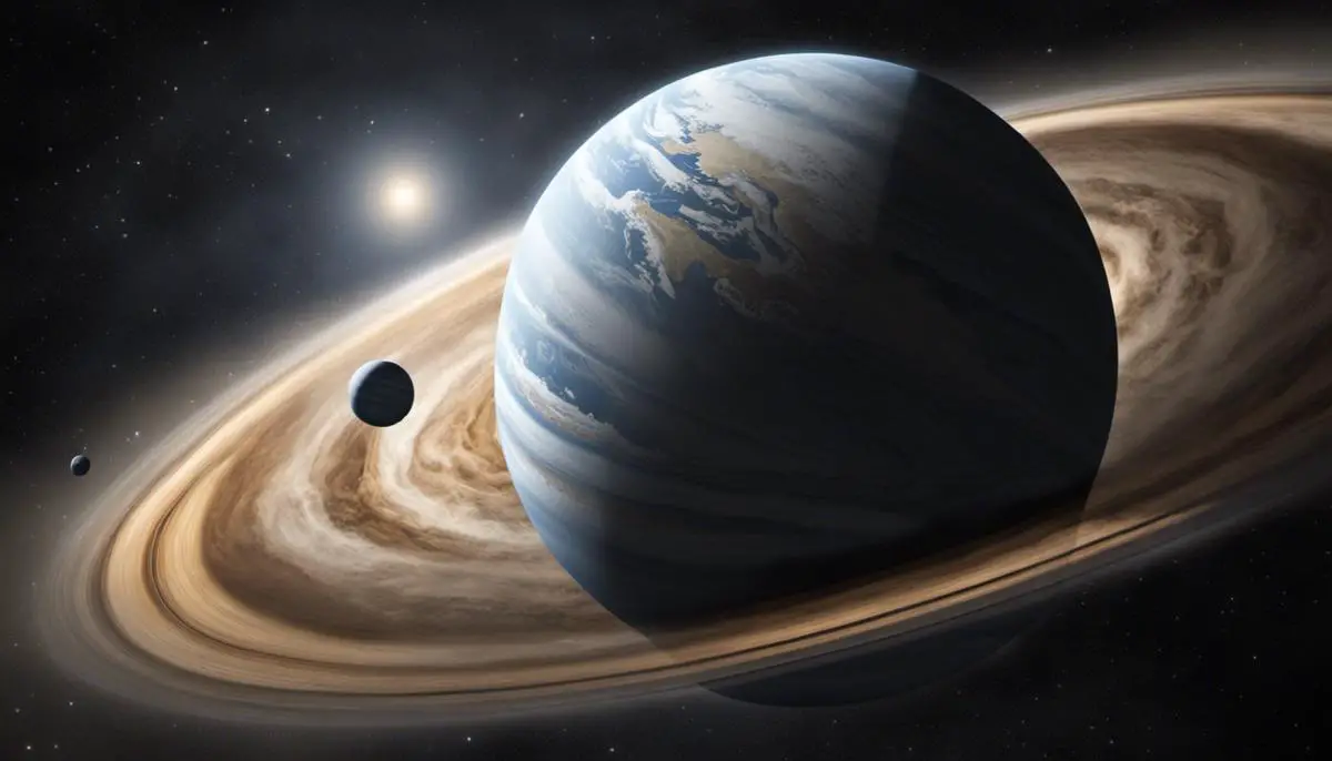 Illustration depicting Jupiter's gravitational influence on Earth, showing Earth's orbit and Jupiter's large mass exerting a gravitational pull.