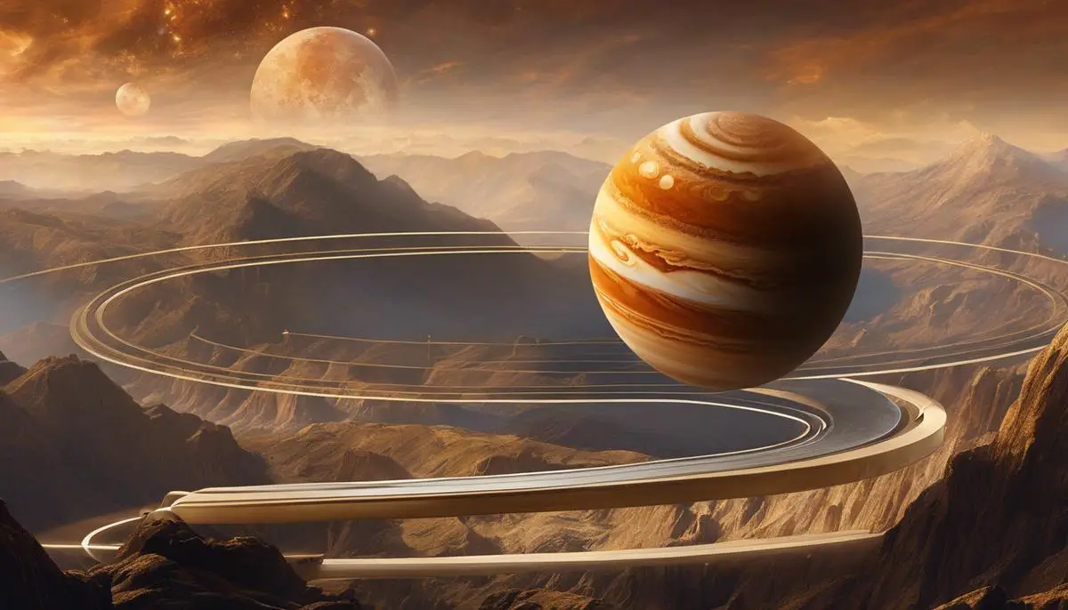 Artistic depiction of Jupiter in Libra, showing the planet against a backdrop of balanced scales, symbolizing the interplay between expansion and equilibrium.