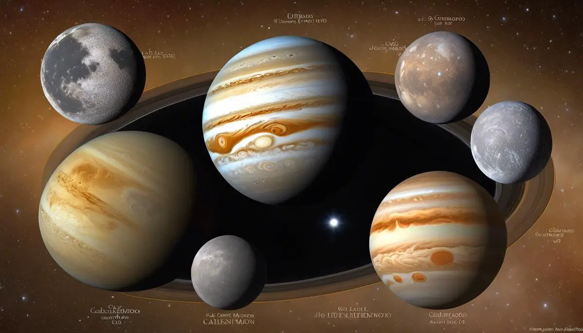 Image depicting the four Galilean moons of Jupiter: Io, Europa, Ganymede, and Callisto. Each moon is shown in its respective position and size relative to one another and Jupiter, with descriptive text labeling each moon.