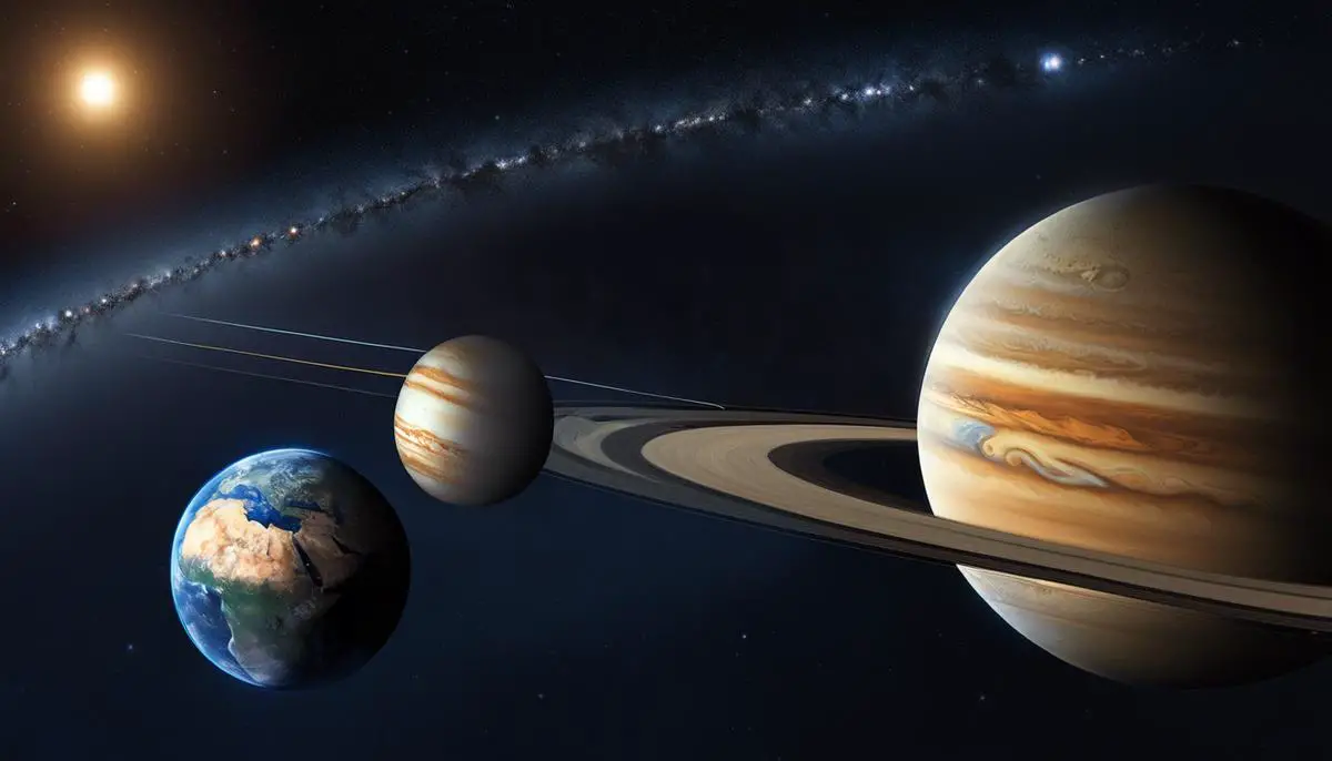 Illustration depicting the changing distance between Earth and Jupiter during opposition and conjunction.