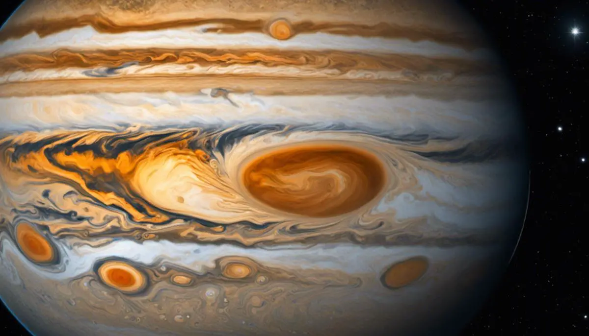 An image of Jupiter, showcasing its size and the Great Red Spot storm.