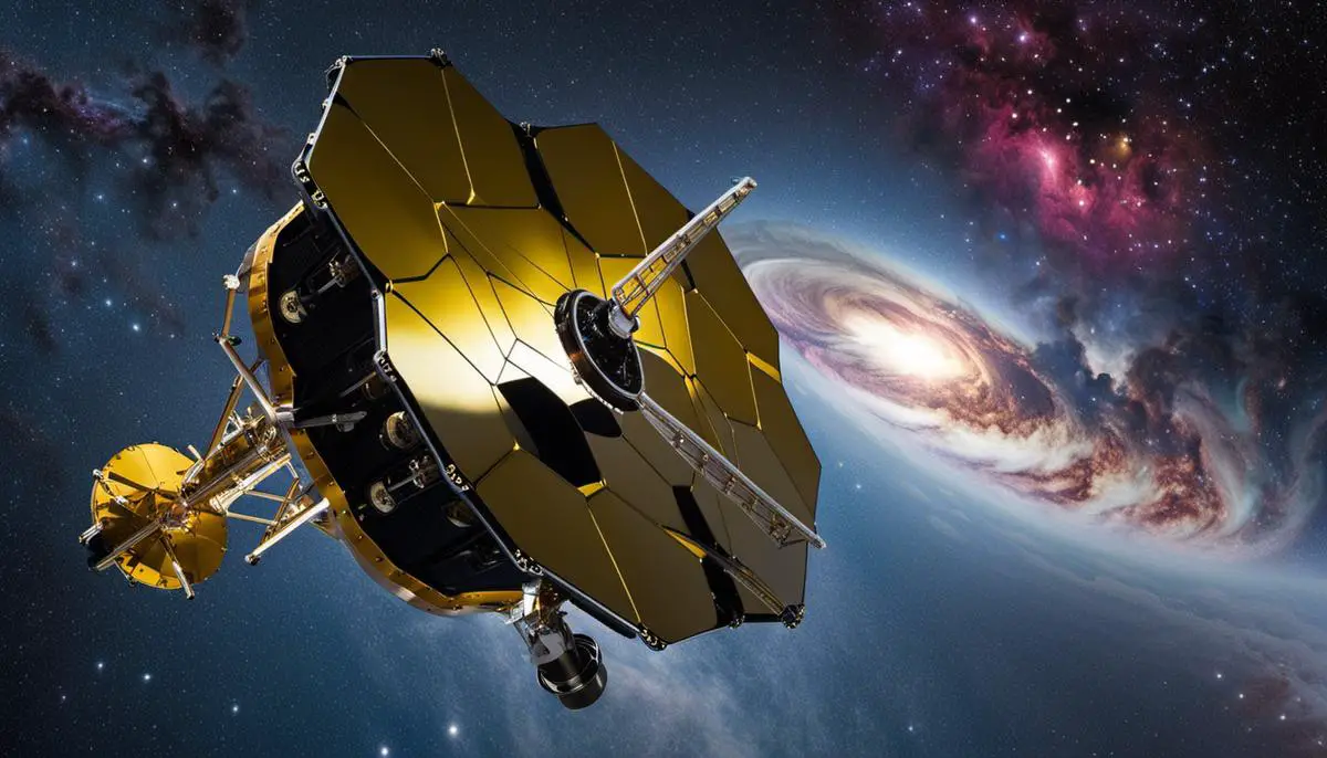 An image of the James Webb Space Telescope floating in space