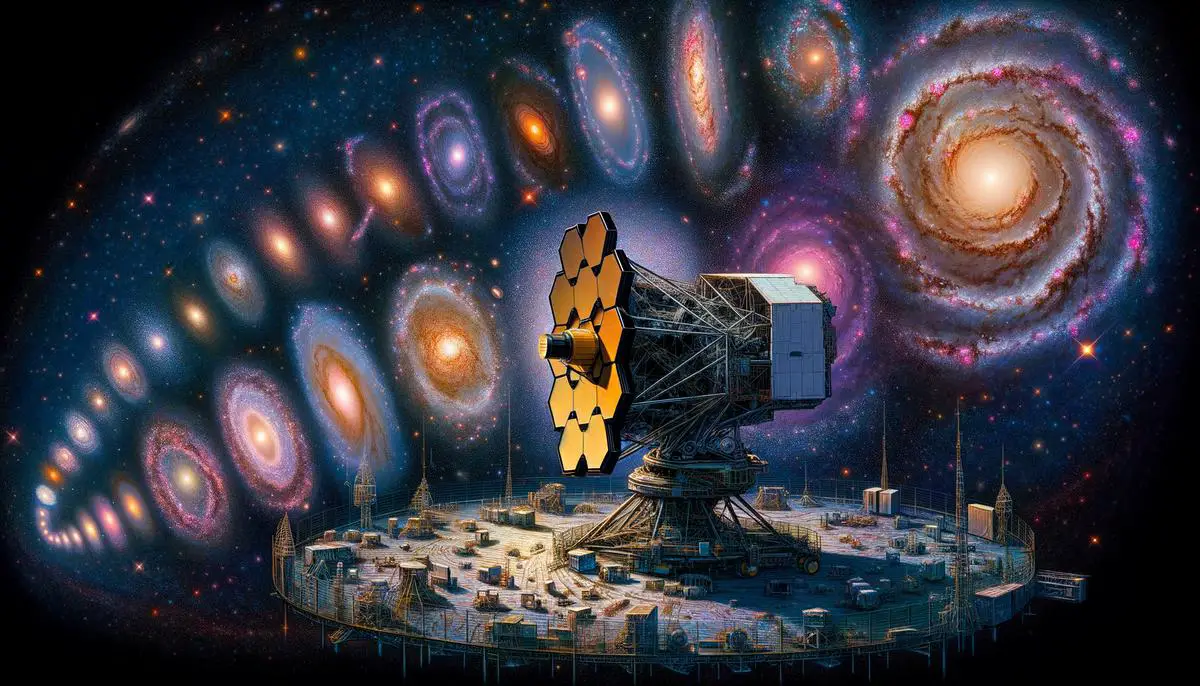 Artistic representation of the James Webb Space Telescope observing the cosmic timeline, from the early universe to present-day galaxies