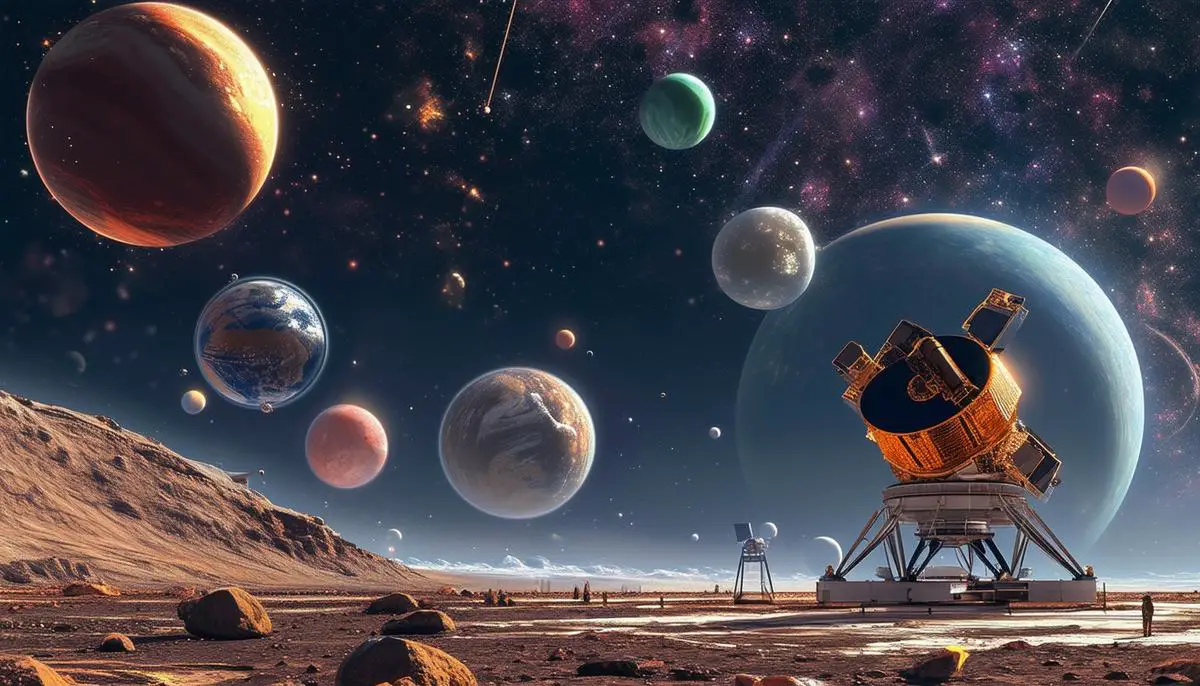 An artist's impression of the James Webb Space Telescope observing a diverse array of exoplanets, from rocky super-Earths to gas giants. The telescope is shown in the foreground, with the exoplanets and their host stars visible in the background.