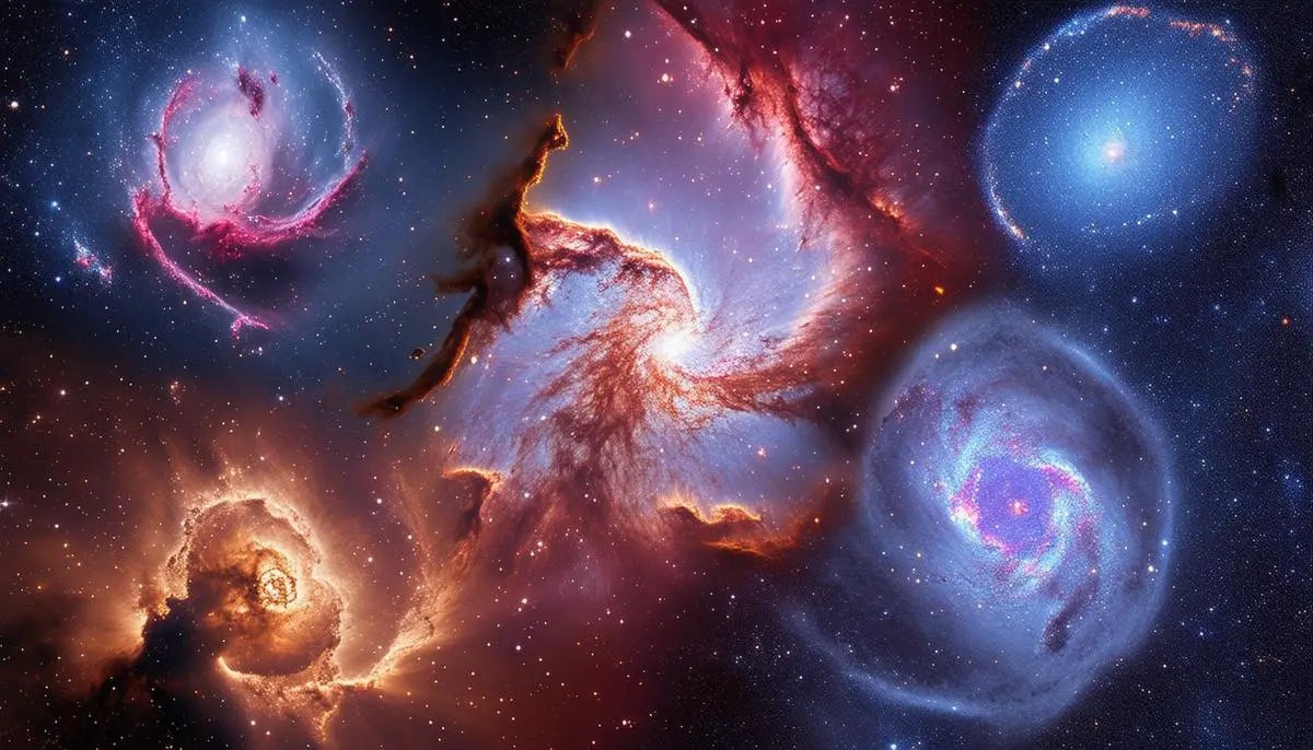 A composite of the James Webb Space Telescope's first full-color scientific images, featuring the Carina Nebula, Southern Ring Nebula, Stephan's Quintet, and SMACS 0723 galaxy cluster. The images showcase JWST's capabilities and the stunning beauty of the cosmos.