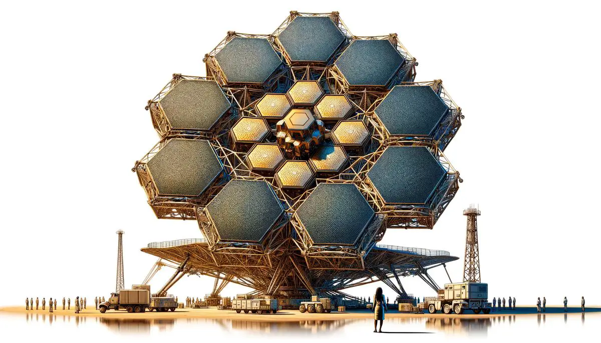 Illustration of the James Webb Space Telescope's 18 hexagonal mirror segments folding and unfolding, with a technician for scale