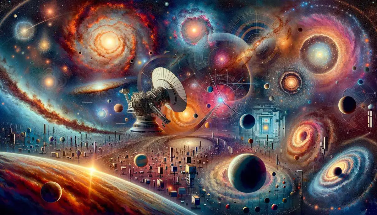 An imaginative illustration showcasing the potential future discoveries of the James Webb Space Telescope, including the study of distant galaxies, exoplanet atmospheres, and the birth of stars and planets.