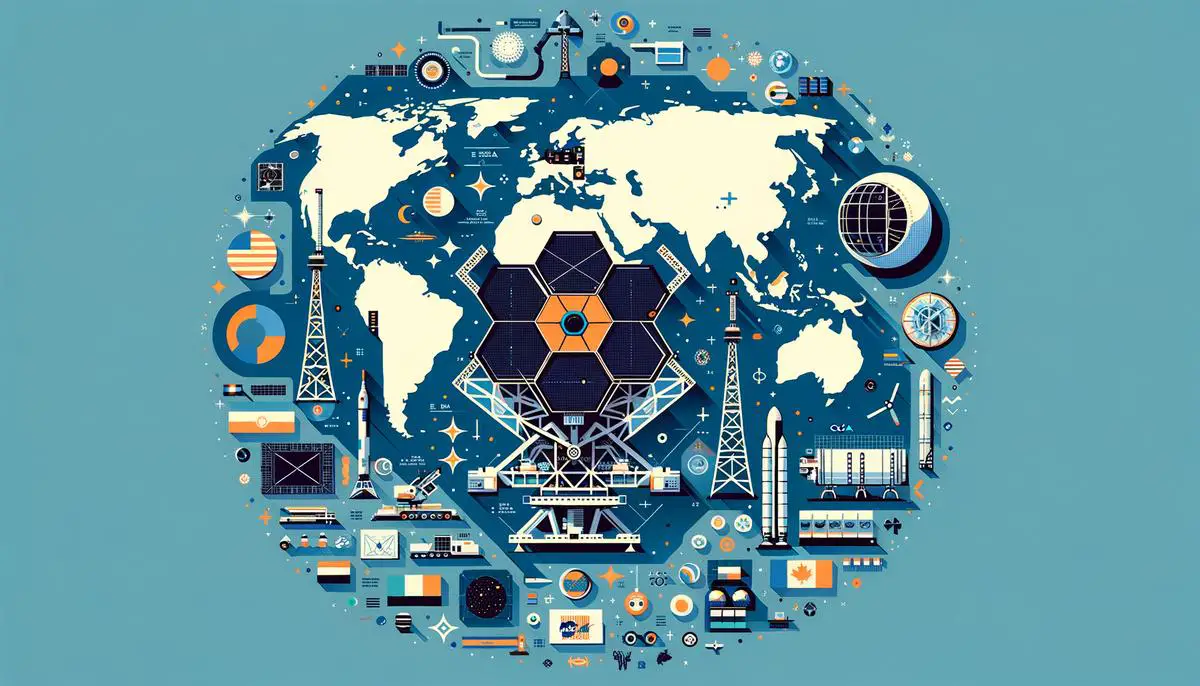 World map highlighting the countries involved in the James Webb Space Telescope project, with stylized representations of their contributions