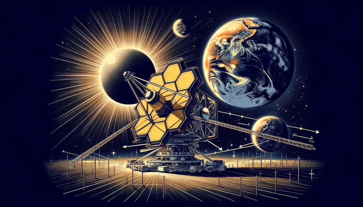 Diagram showing the James Webb Space Telescope at the L2 Lagrange point, with Earth and the Sun visible in the background