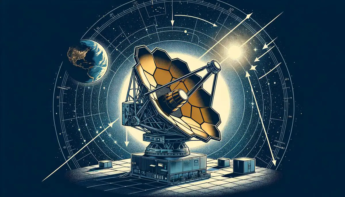 Diagram showing the James Webb Space Telescope at Lagrange Point L2 with arrows indicating advantages