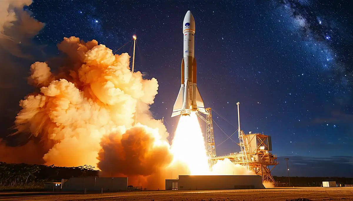 An Ariane 5 rocket launching the James Webb Space Telescope into space from Kourou, French Guiana, with a fiery blast illuminating the night sky