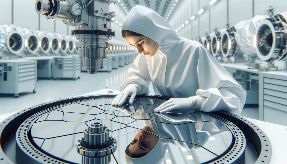 A technician in a clean room working on a beryllium mirror segment for the James Webb Space Telescope, showcasing the precision manufacturing process