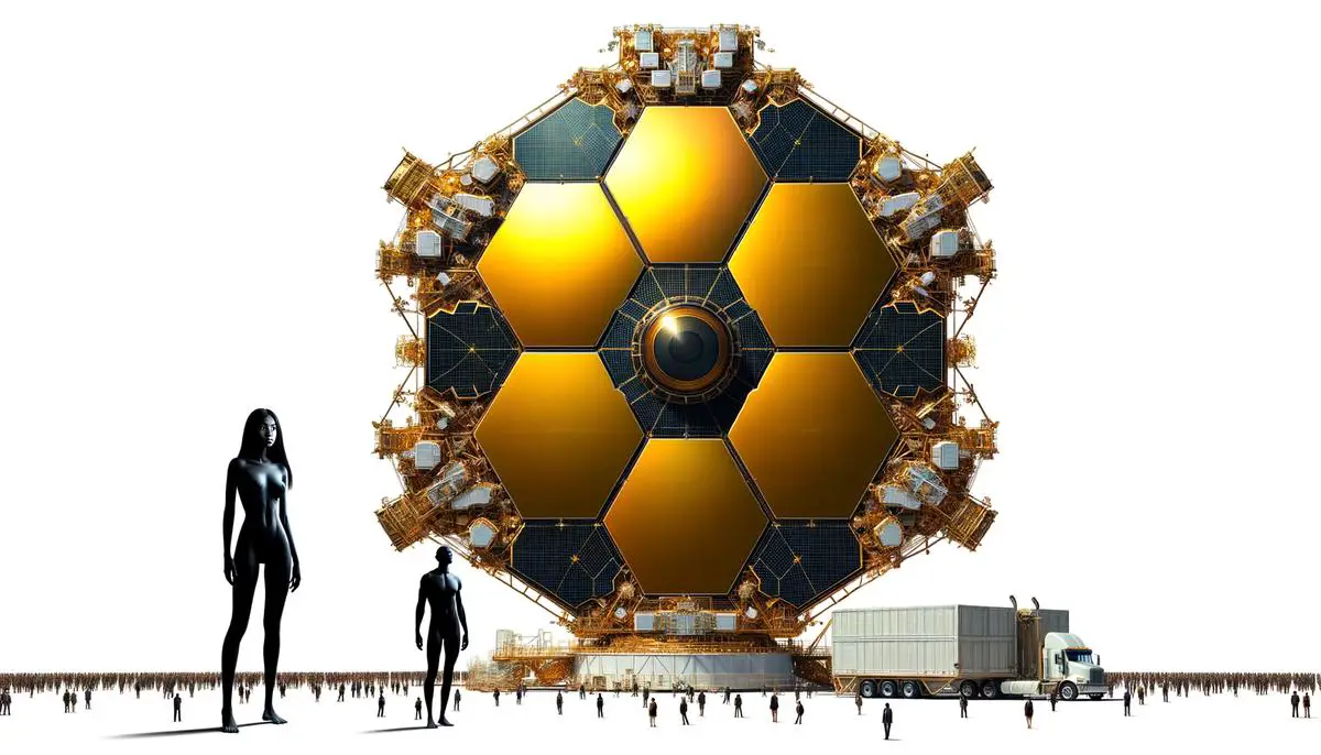 Side-by-side comparison of the James Webb Space Telescope's primary mirror and fully deployed sunshield, with human figures for scale