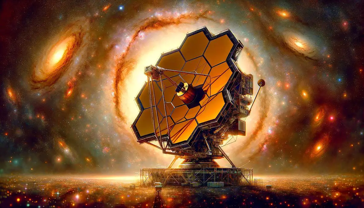 Artistic rendering of the James Webb Space Telescope observing distant, early galaxies in the universe