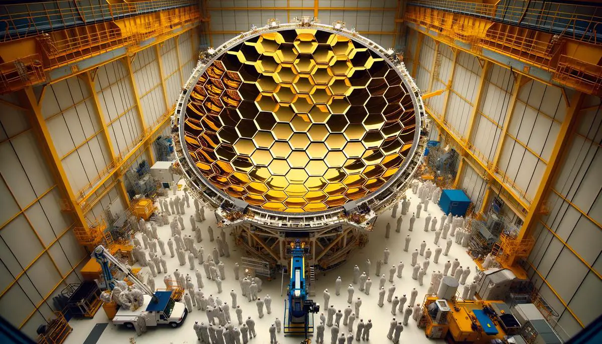 Close-up of the James Webb Space Telescope's 6.5-meter primary mirror, showing its 18 hexagonal gold-coated segments