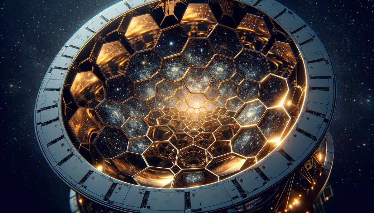 A close-up view of the James Webb Space Telescope's primary mirror, composed of 18 hexagonal segments coated in gold. The mirror reflects a starry background, symbolizing its role in gathering light from the cosmos.