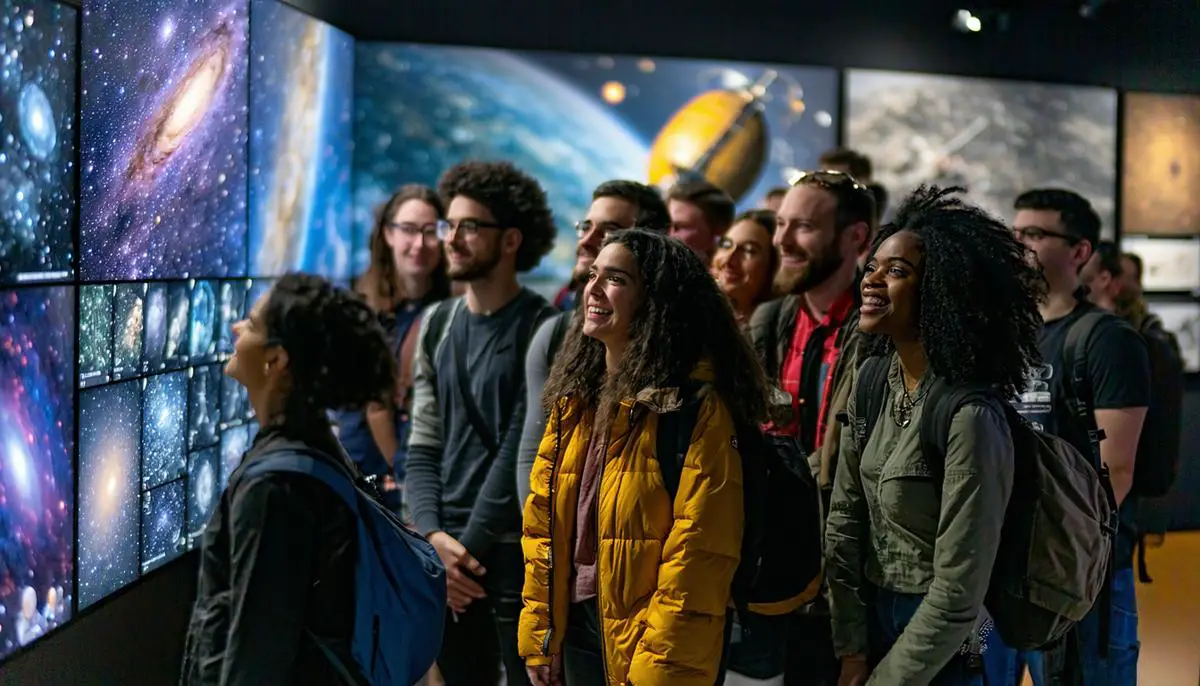 Diverse group of people of various ethnicities and ages gathered around a large display showing JWST images, with expressions of wonder and curiosity