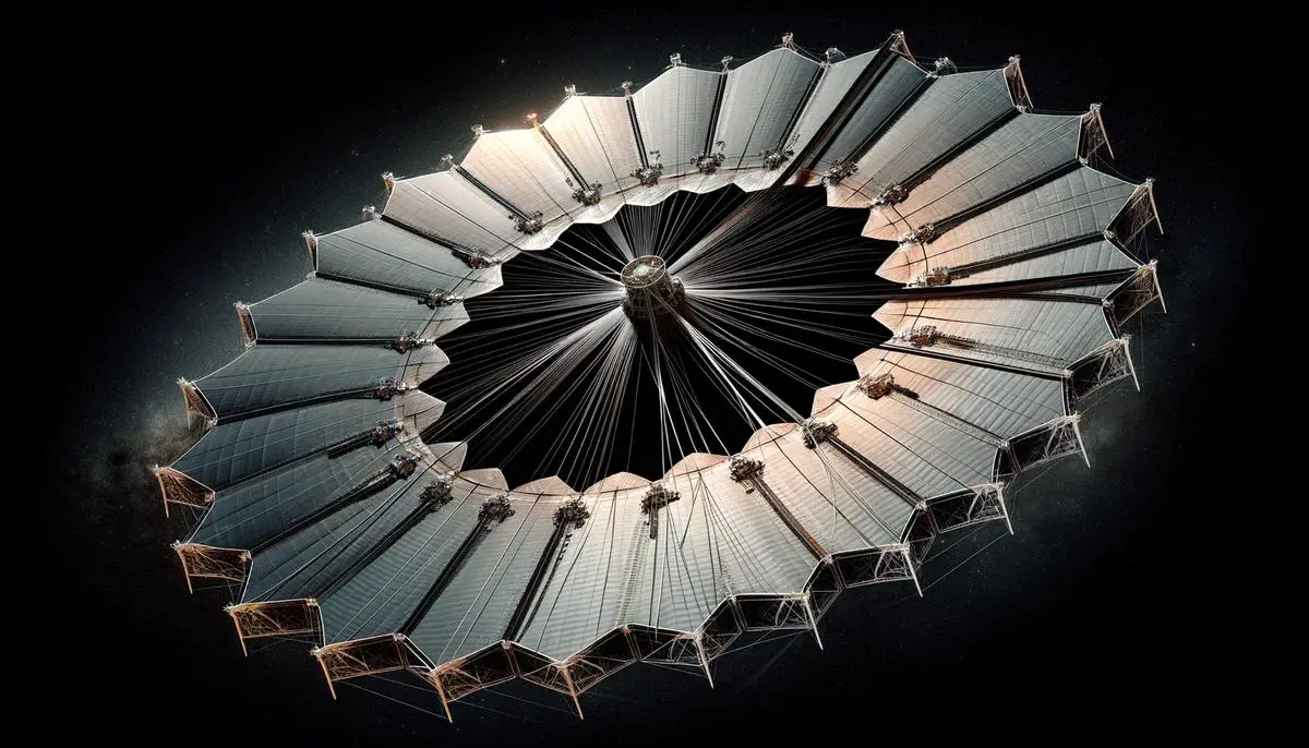 An artist's illustration of the James Webb Space Telescope's sunshield deployment, with its five ultra-thin layers of Kapton material unfolding and stretching out to protect the telescope from the Sun's heat and light.