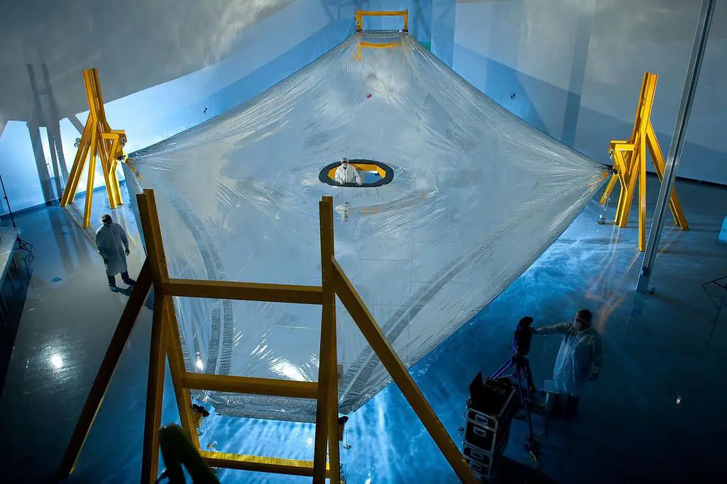 Close-up view of the James Webb Space Telescope's five-layer sunshield, showing its reflective surface and intricate design